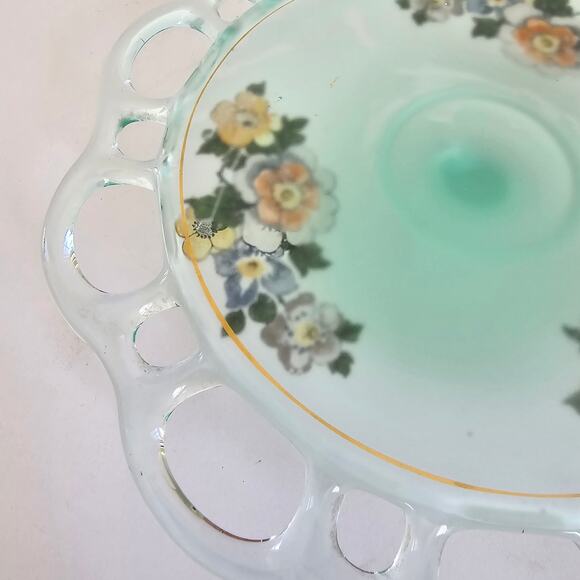 Lancaster Glass Footed Plate Green Satin Glass Open Lace Reverse Painted Floral - Picture 3 of 12